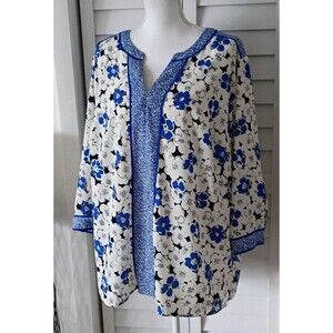 Talbots Womens Popover Blouse Size 2X‎ Blue White Floral Split Neck 3/4 Sleeve